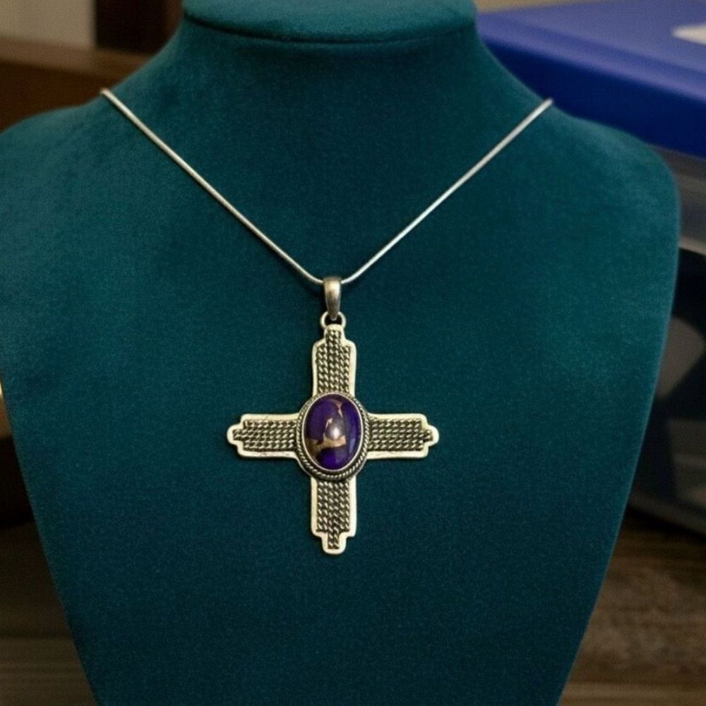Southwestern Purple Mojave Turquoise Cross Pendant Necklace - Sterling Silver
